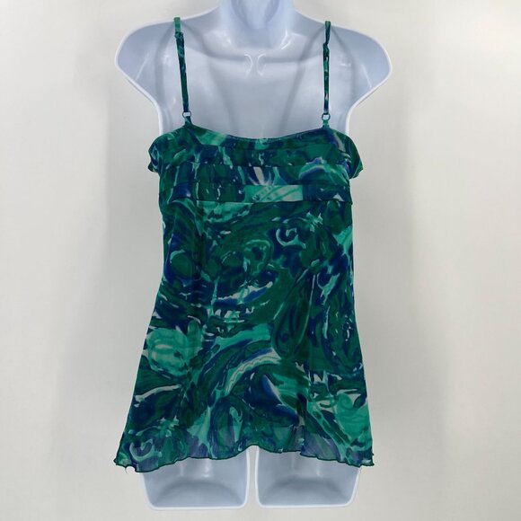INC International Concepts L Ruffle Camisole Green Blue Abstract Layering Top - Picture 2 of 9